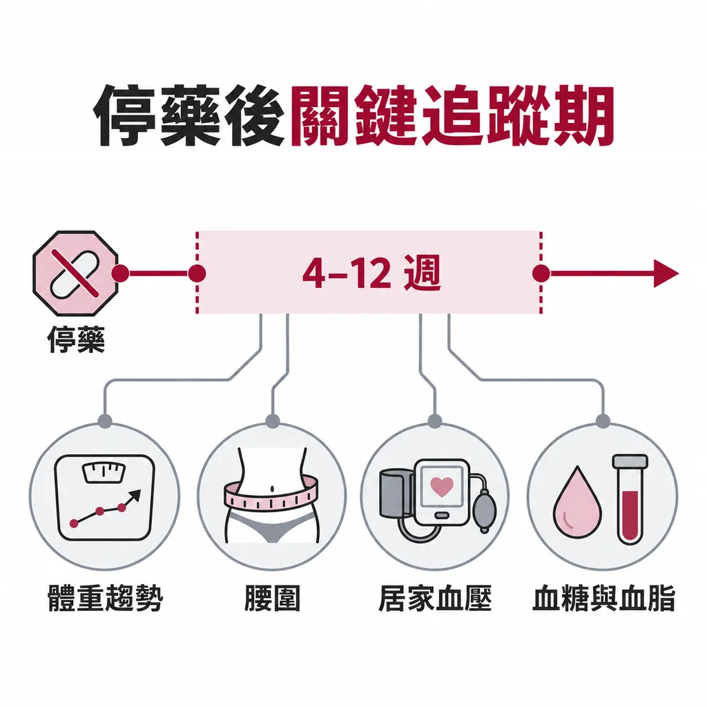 猛健樂停藥後前 4 至 12 週追蹤體重、腰圍、血壓與代謝數值