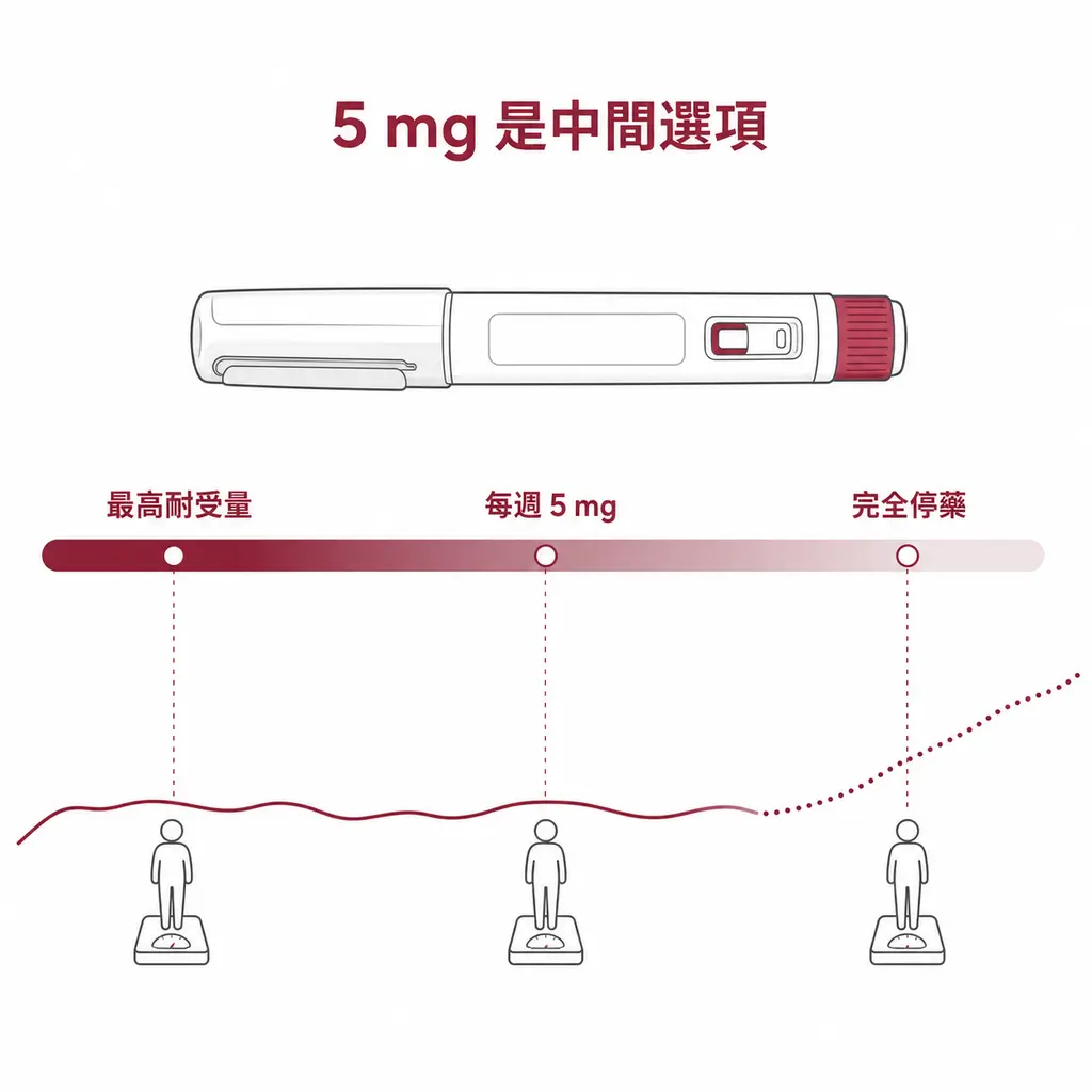 最高耐受劑量、每週 5 mg 與停藥三種體重維持選擇