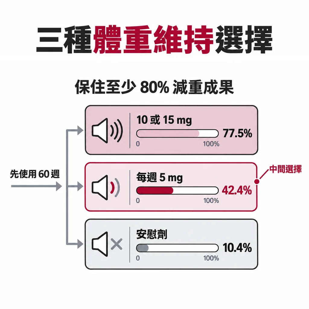 最高耐受劑量、每週 5 mg 與停藥三種體重維持選擇