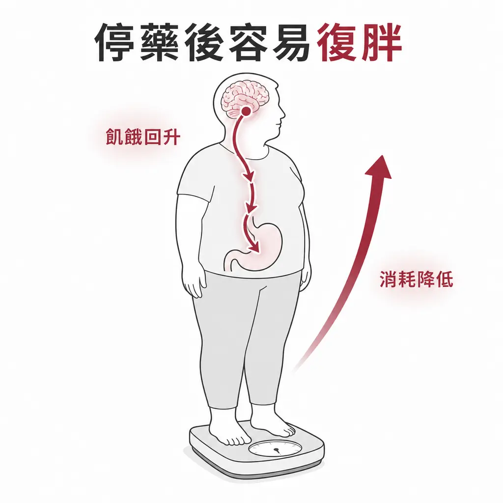 停用猛健樂後飢餓訊號與體重防衛反應可能重新增強