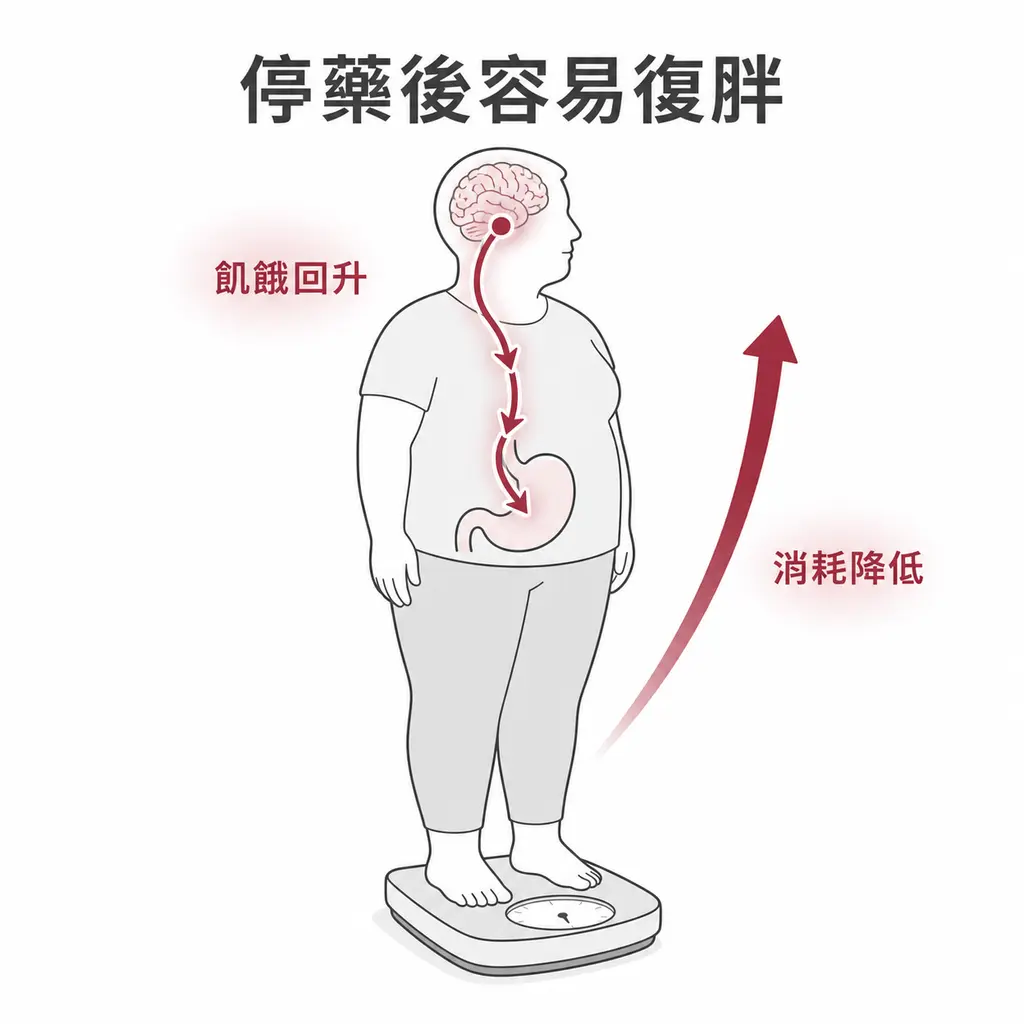 停用猛健樂後飢餓訊號與體重防衛反應可能重新增強