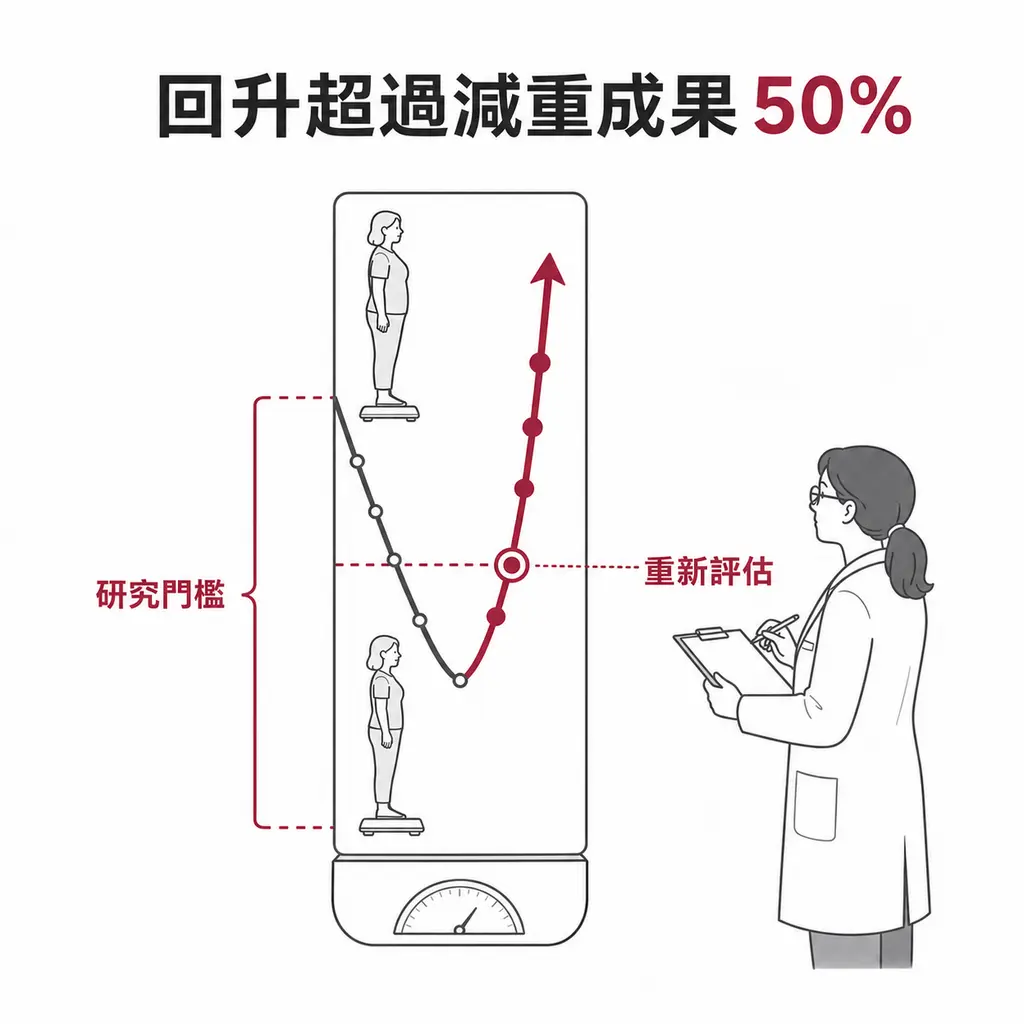 研究以重新增加超過原減重成果 50% 作為救援治療門檻