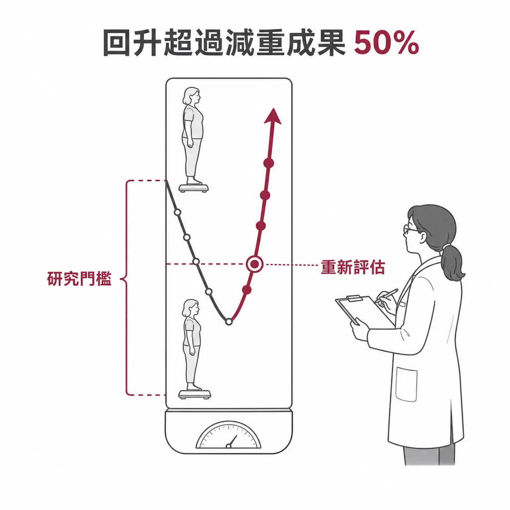 研究以重新增加超過原減重成果 50% 作為救援治療門檻