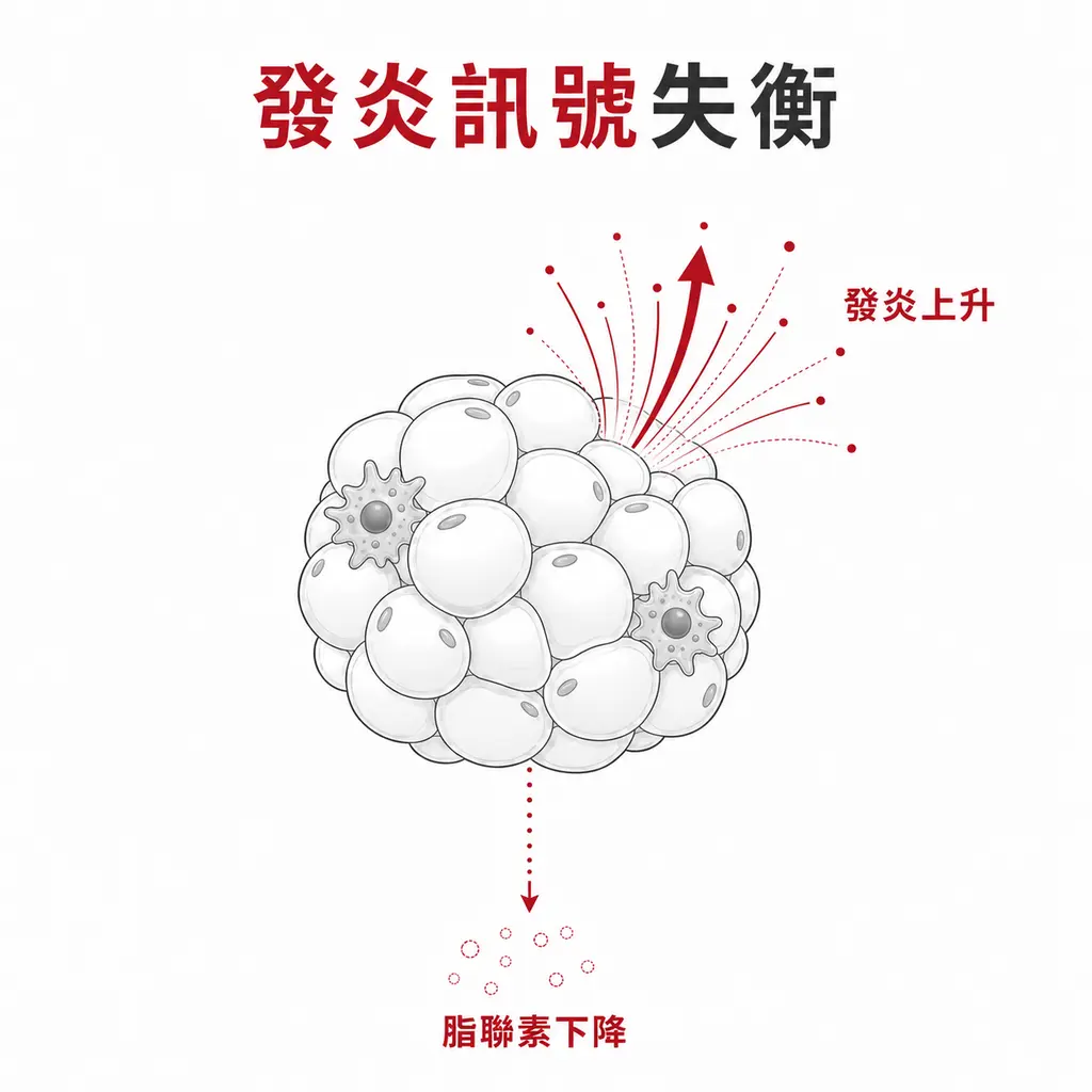 內臟脂肪功能失常時脂聯素下降且發炎訊號上升