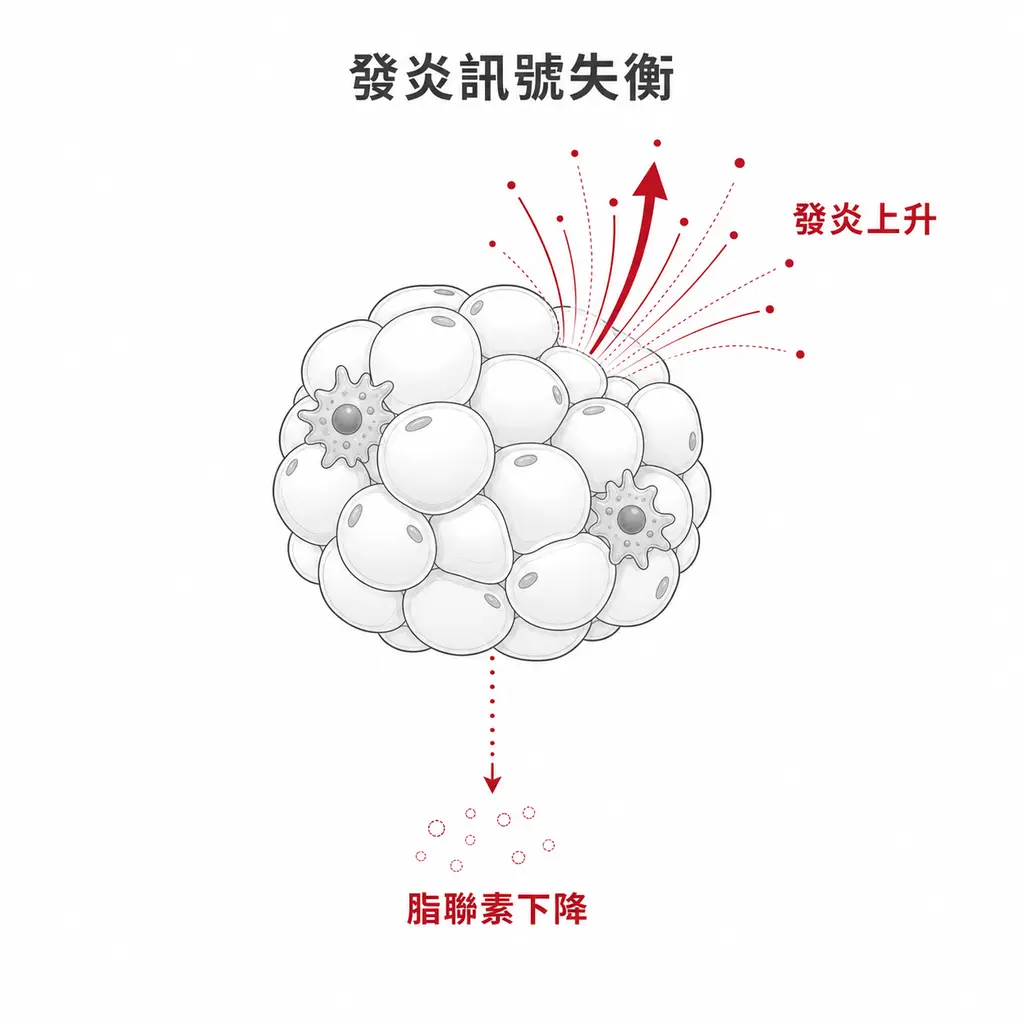 內臟脂肪功能失常時脂聯素下降且發炎訊號上升