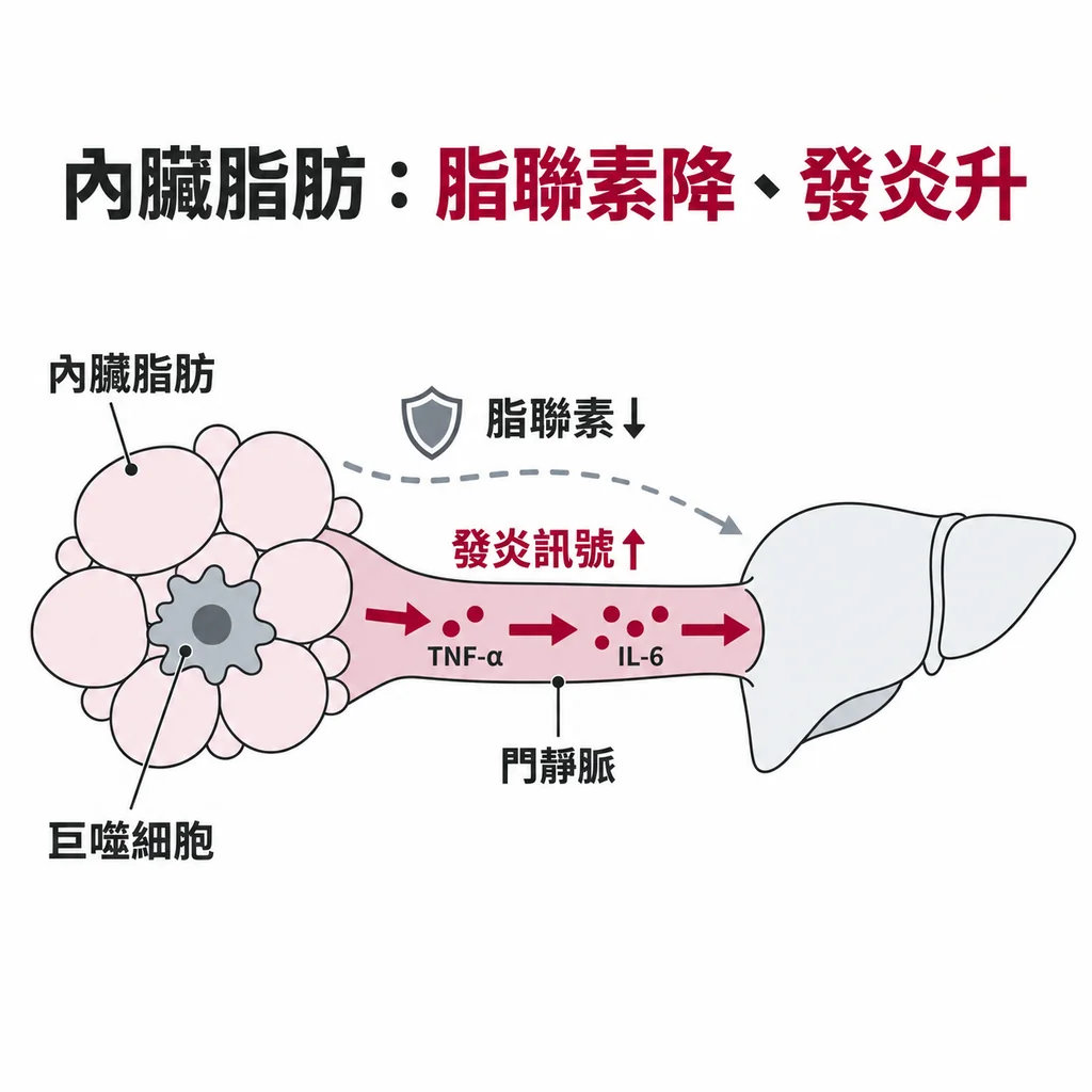 內臟脂肪功能失常時脂聯素下降且發炎訊號上升