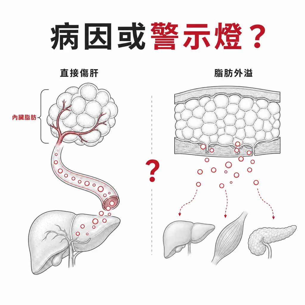 內臟脂肪直接傷肝與皮下脂肪容量不足造成脂肪外溢的兩種解釋
