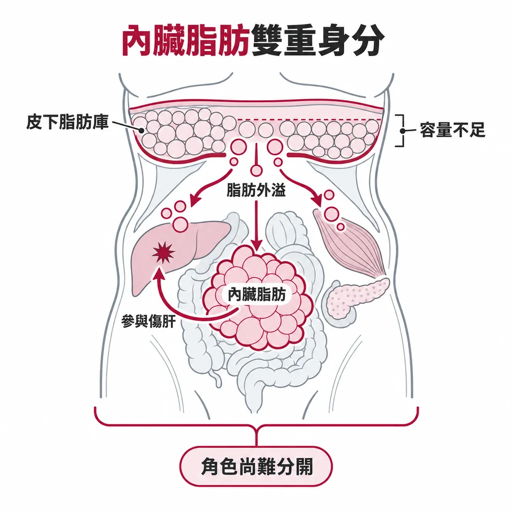 內臟脂肪直接傷肝與皮下脂肪容量不足造成脂肪外溢的兩種解釋