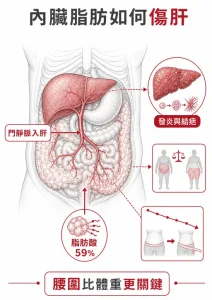 內臟脂肪經門靜脈把脂肪酸送往肝臟，促進發炎與纖維化