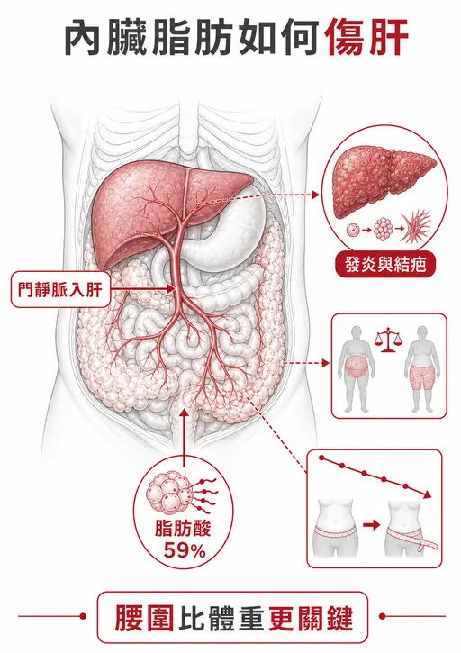 內臟脂肪經門靜脈把脂肪酸送往肝臟，促進發炎與纖維化