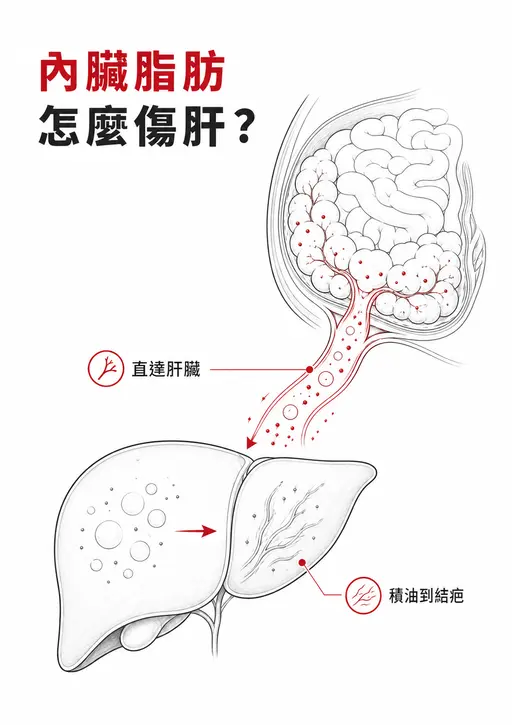 內臟脂肪釋出的脂肪酸經門靜脈到肝臟，可能造成積油與結疤