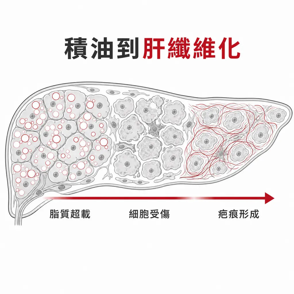 肝細胞由脂質超載、細胞受傷到疤痕形成的過程