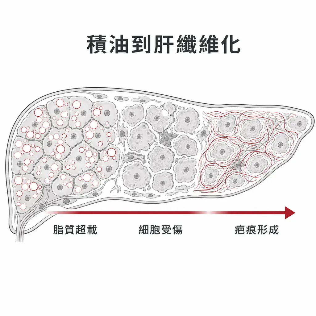 肝細胞由脂質超載、細胞受傷到疤痕形成的過程