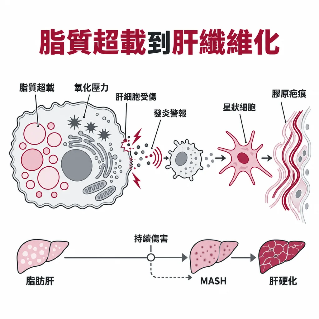 肝細胞由脂質超載、細胞受傷到疤痕形成的過程