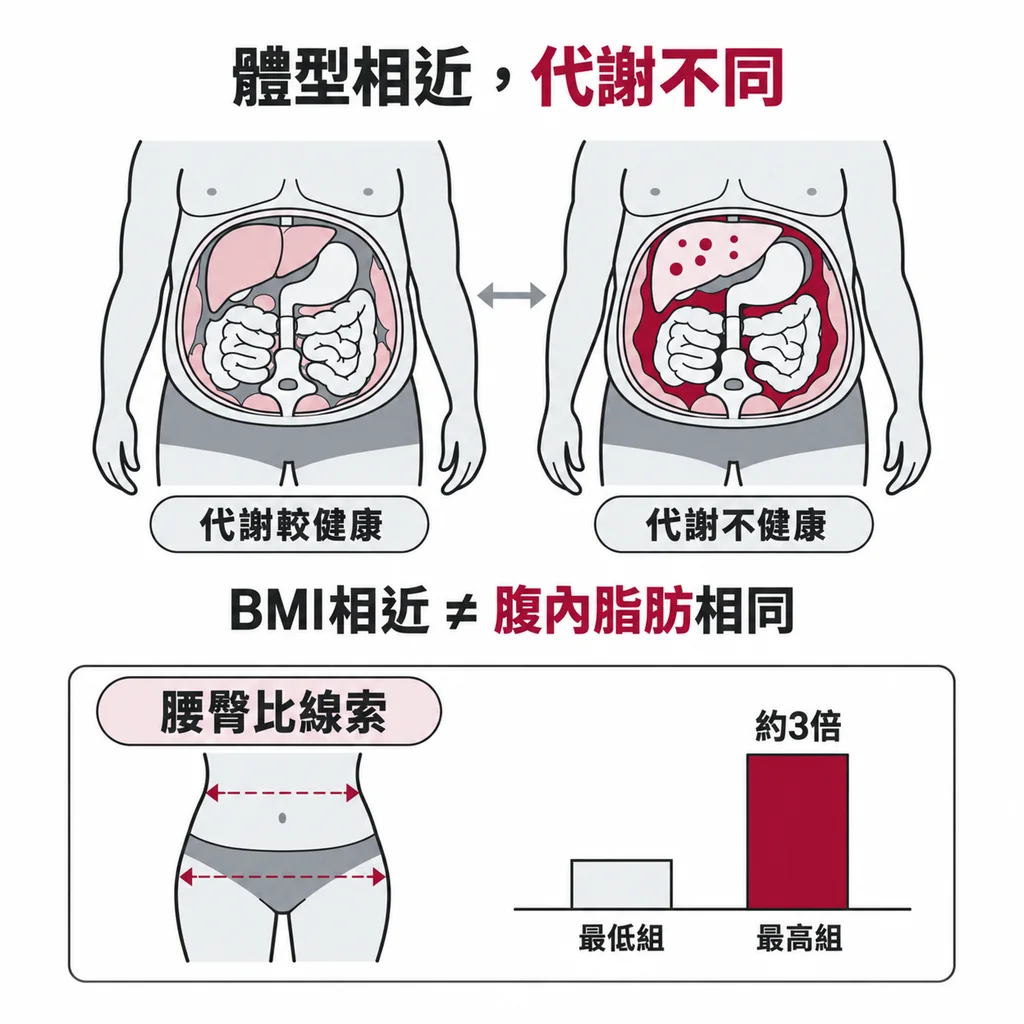 兩名體型相近者仍可能有不同的腹內脂肪與代謝狀態