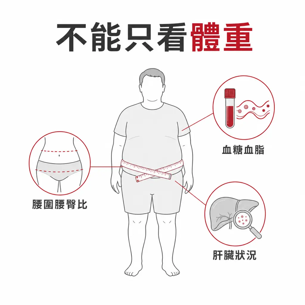 腰圍腰臀比、血糖血脂與肝臟狀況需要一起評估
