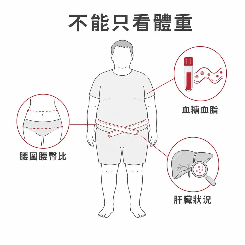 腰圍腰臀比、血糖血脂與肝臟狀況需要一起評估