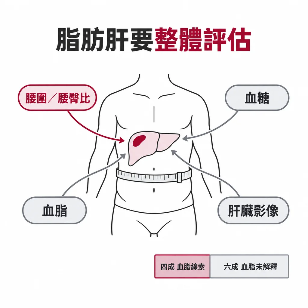 腰圍腰臀比、血糖血脂與肝臟狀況需要一起評估