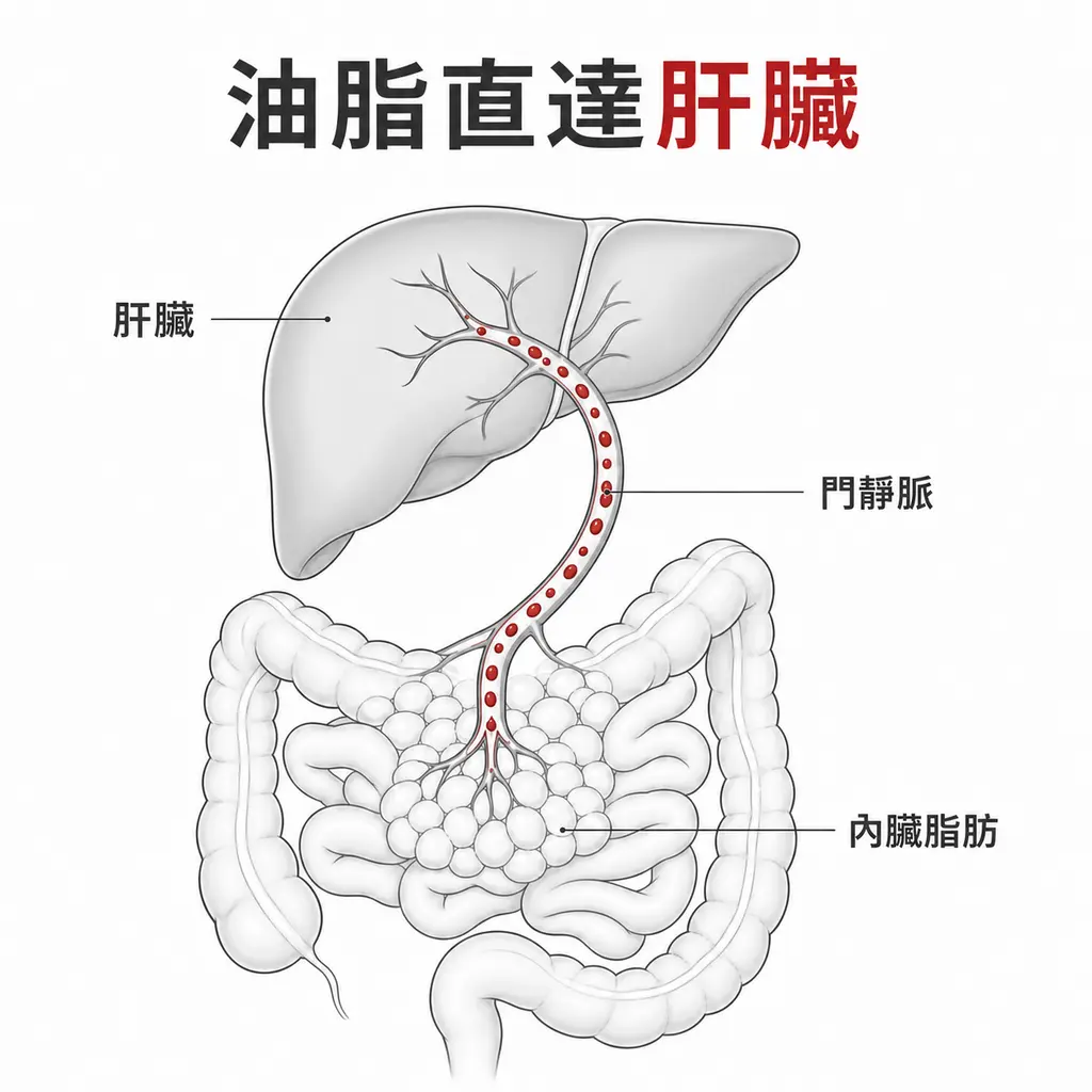 內臟脂肪釋出的脂肪酸經門靜脈流向肝臟