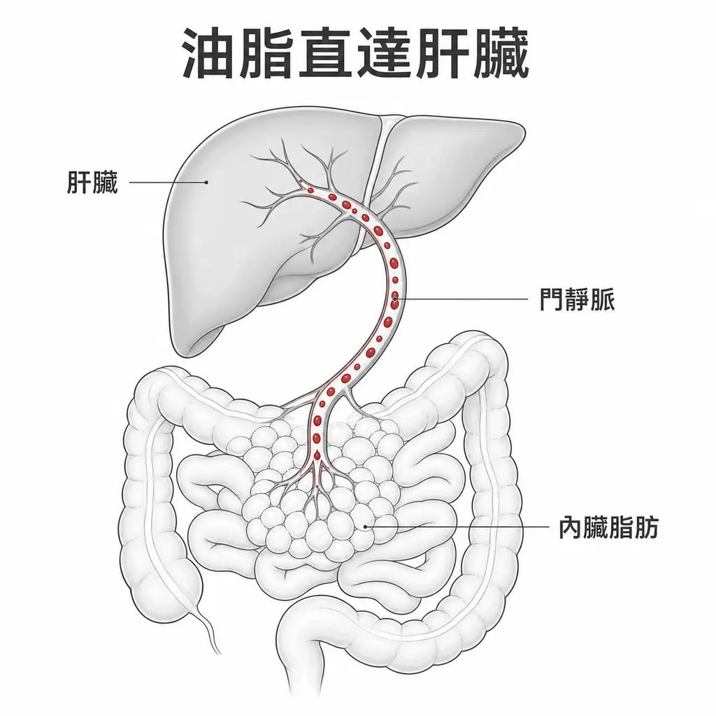 內臟脂肪釋出的脂肪酸經門靜脈流向肝臟