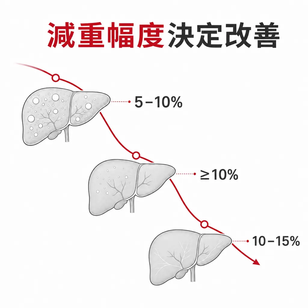 減重百分比增加時肝脂肪、肝炎與纖維化可能有更深層改善