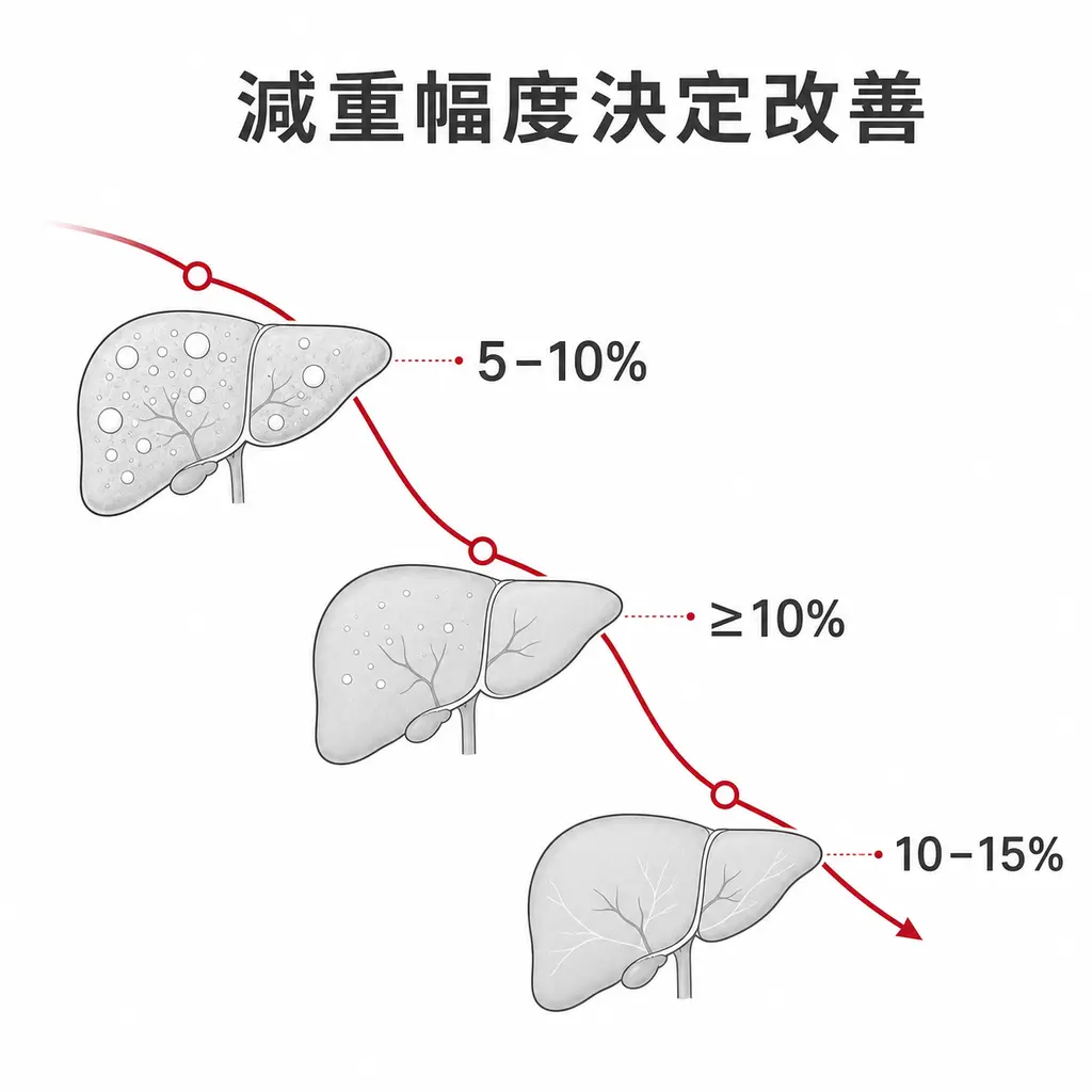 減重百分比增加時肝脂肪、肝炎與纖維化可能有更深層改善