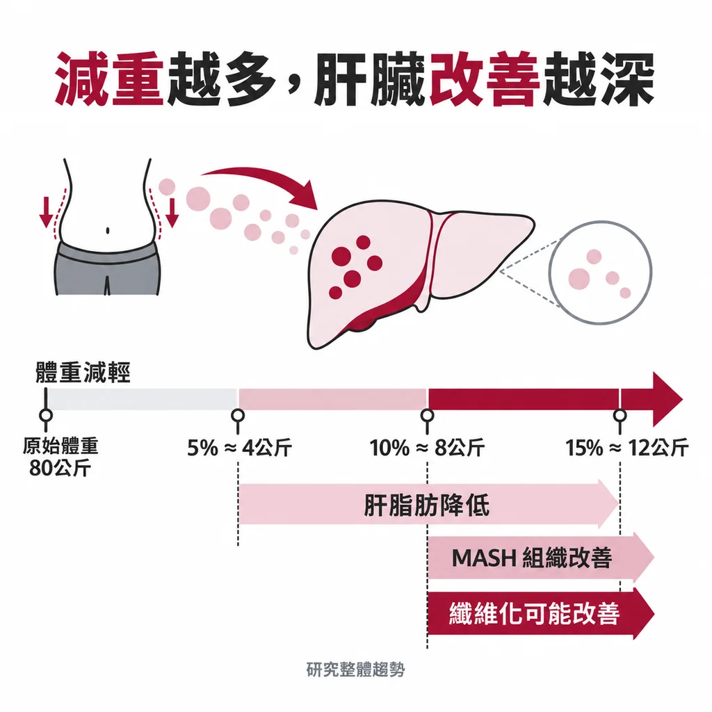 減重百分比增加時肝脂肪、肝炎與纖維化可能有更深層改善