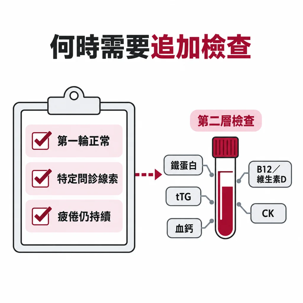 病歷夾板線稿,三列以酒紅勾記標示,虛線箭頭指向一支追加的採血管