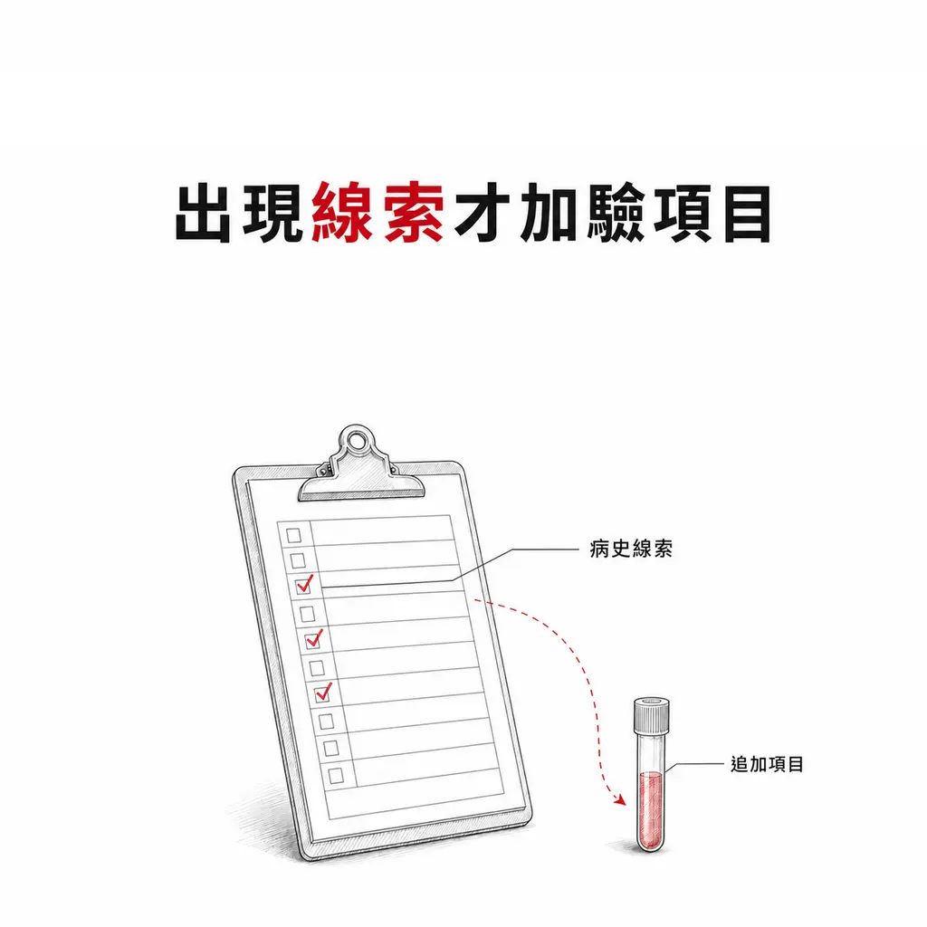病歷夾板線稿,三列以酒紅勾記標示,虛線箭頭指向一支追加的採血管