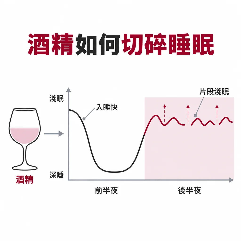 酒杯線稿與睡眠深度曲線,前半夜為平滑深谷,後半夜轉為酒紅色的破碎淺波