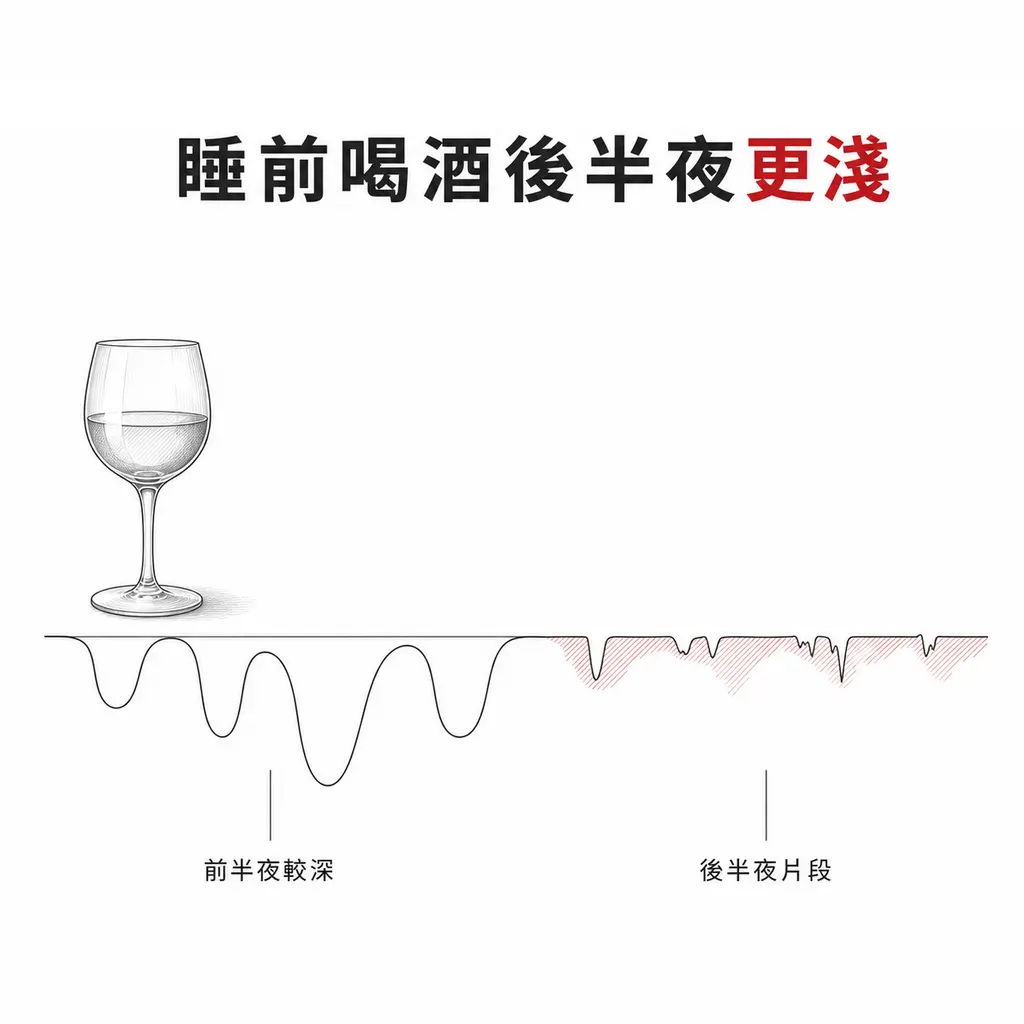 酒杯線稿與睡眠深度曲線,前半夜為平滑深谷,後半夜轉為酒紅色的破碎淺波