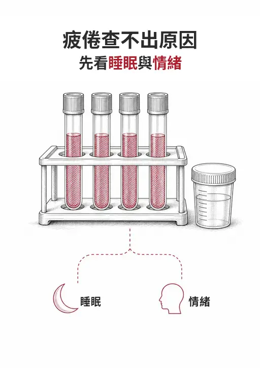 直式封面：採血管架與尿液檢體杯線稿，下方以虛線指向睡眠與情緒兩個標籤