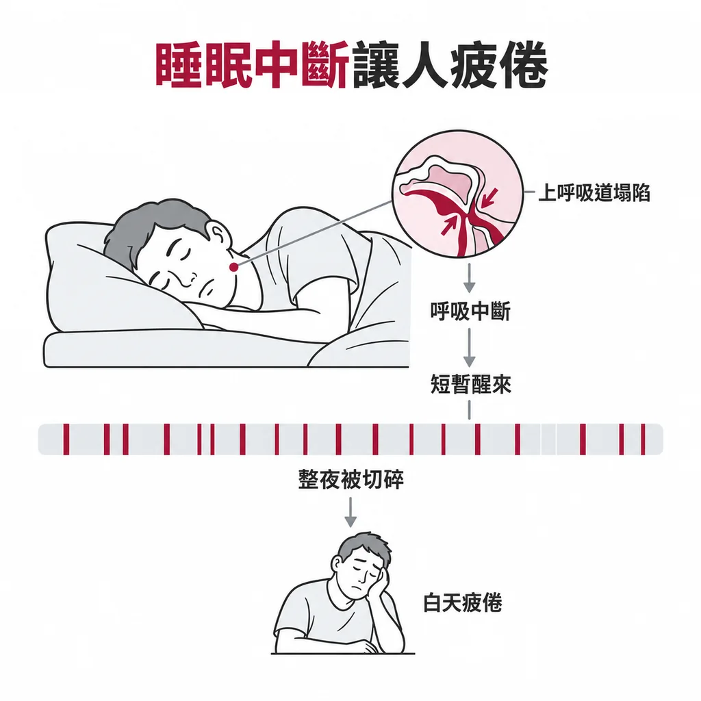 側睡人像線稿,下方睡眠時間軸被切成許多片段,中斷處以酒紅色標示