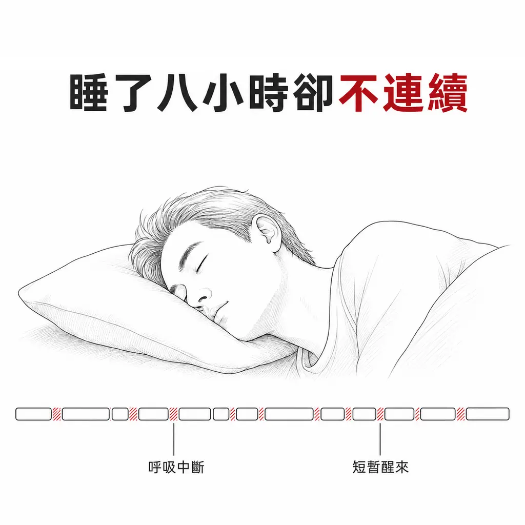 側睡人像線稿,下方睡眠時間軸被切成許多片段,中斷處以酒紅色標示