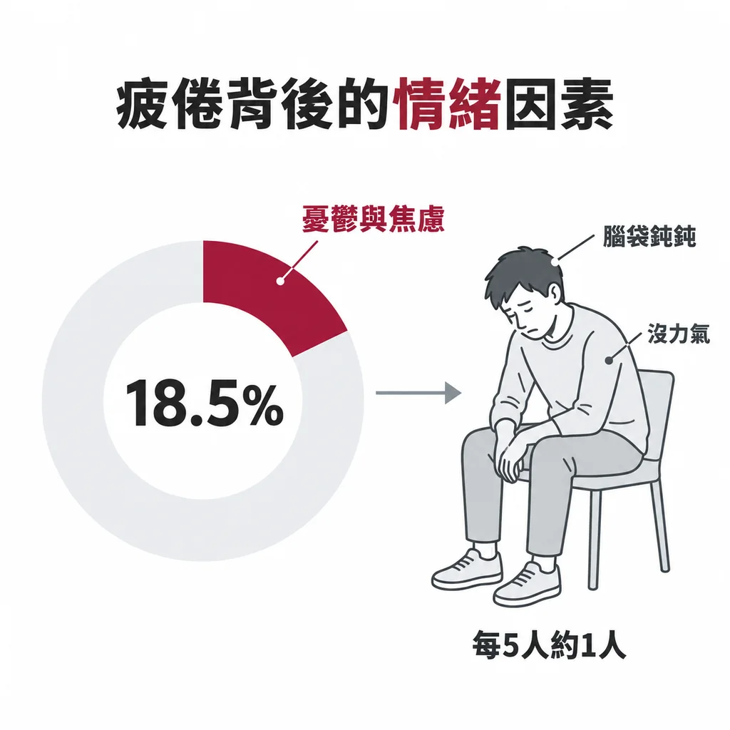 環圈圖線稿,約五分之一的扇形以酒紅色填滿,中央標示 18.5%,右側為低頭坐著的人像
