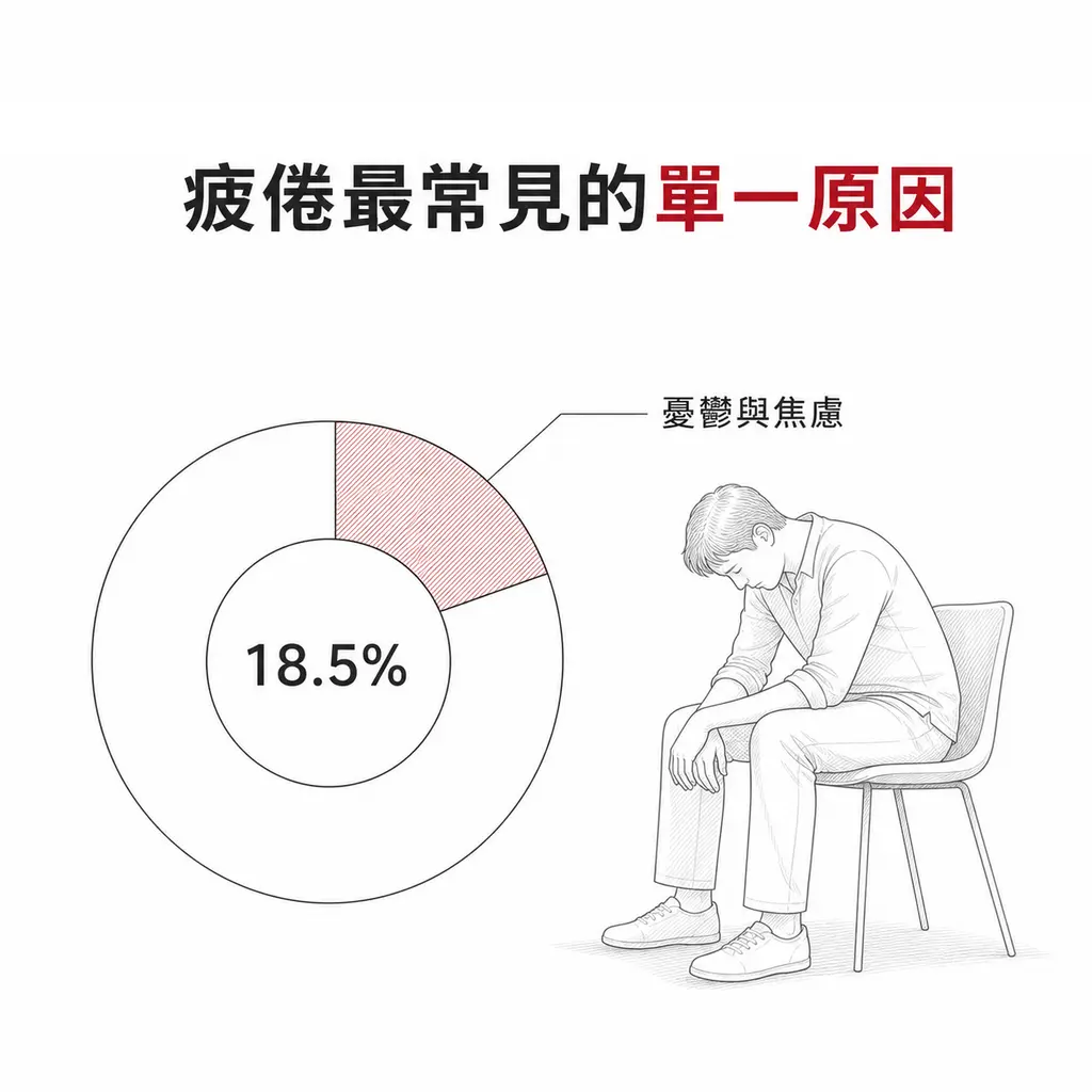 環圈圖線稿,約五分之一的扇形以酒紅色填滿,中央標示 18.5%,右側為低頭坐著的人像