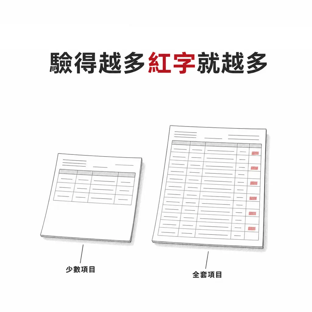 兩張檢驗報告線稿並列,項目少的沒有紅字,全套那張約每五列出現一個酒紅標記