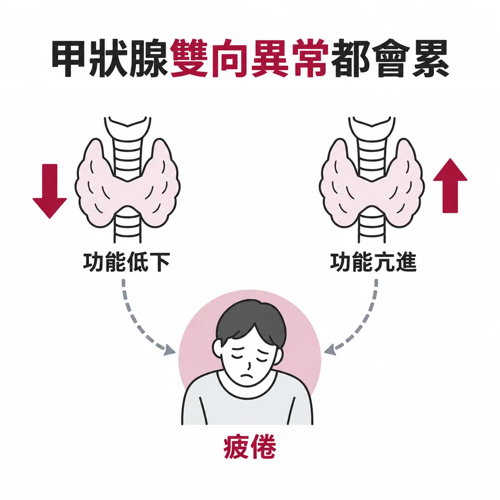 兩個相同的甲狀腺線稿,左側配向下箭頭、右側配向上箭頭,虛線收斂到下方同一個疲倦人像