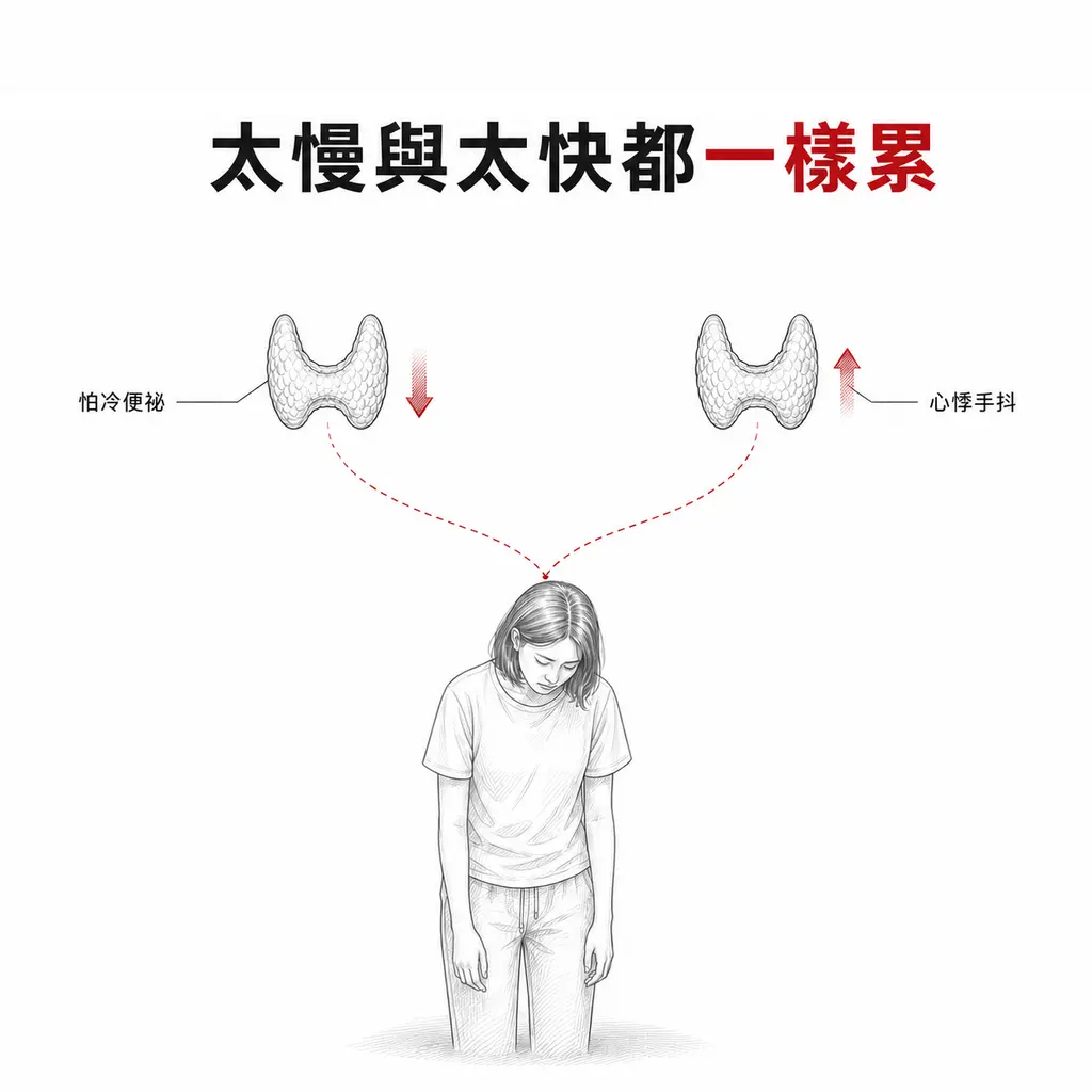 兩個相同的甲狀腺線稿,左側配向下箭頭、右側配向上箭頭,虛線收斂到下方同一個疲倦人像