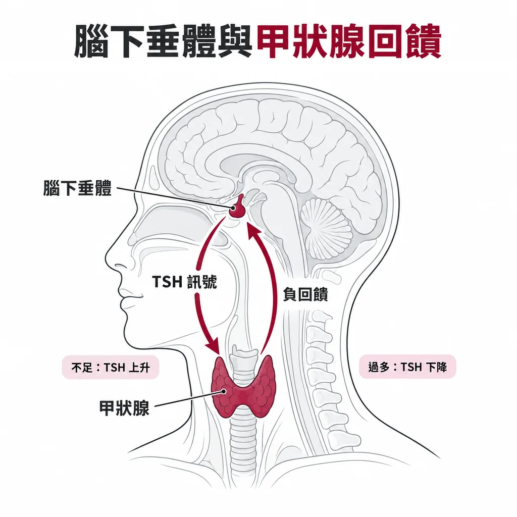 頭頸側面剖面線稿,腦下垂體與甲狀腺以酒紅色標示,箭頭形成回饋迴路