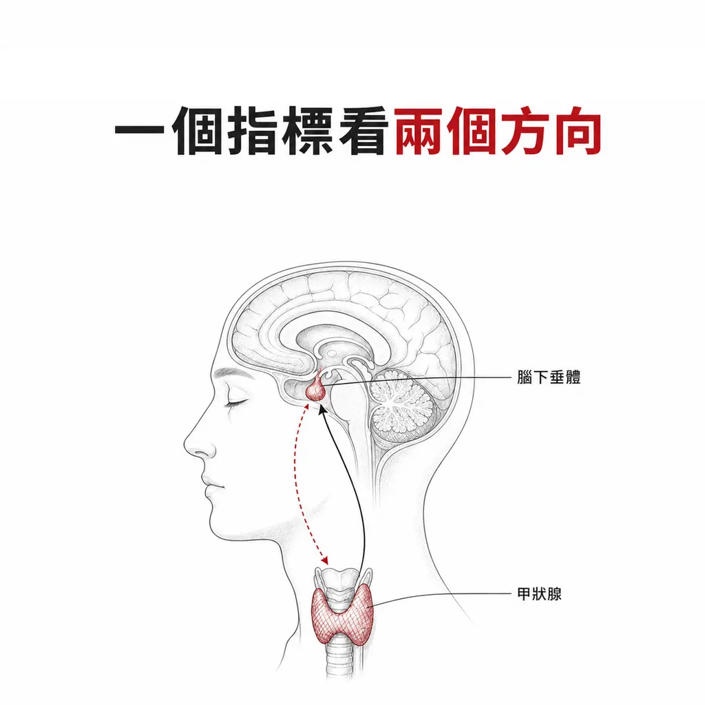 頭頸側面剖面線稿,腦下垂體與甲狀腺以酒紅色標示,箭頭形成回饋迴路