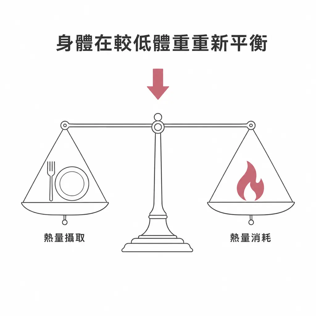 天平示意圖:熱量攝取與熱量消耗在較低體重重新取得平衡