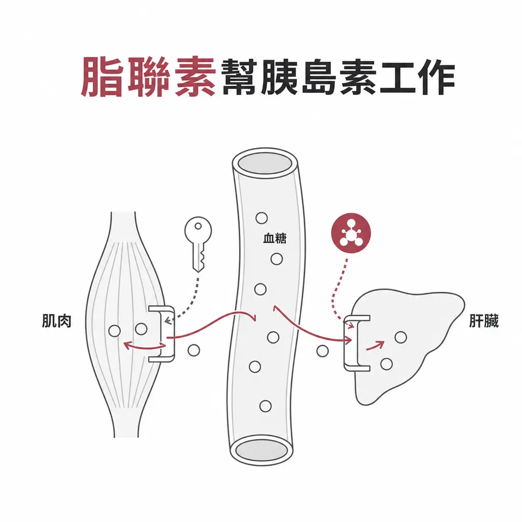 脂聯素協助胰島素讓血糖進入肌肉與肝臟