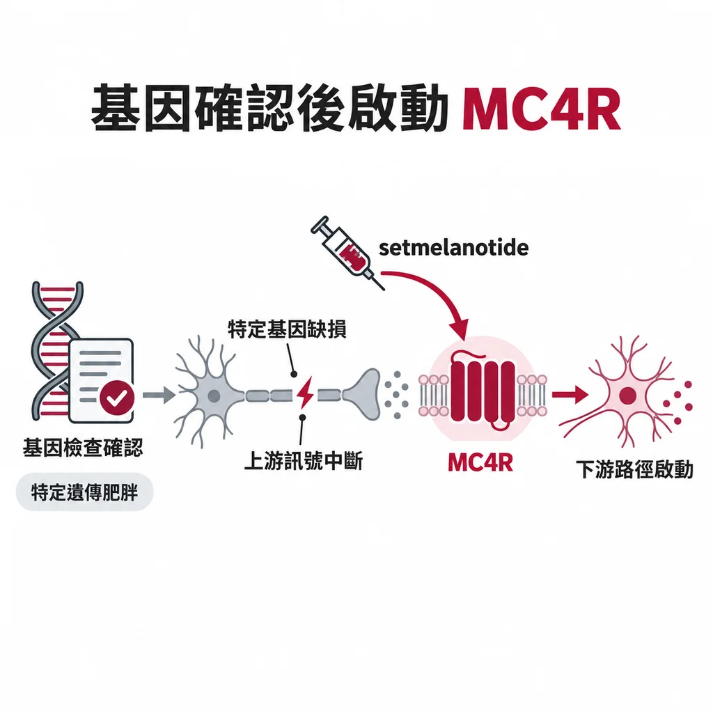 基因確認後由 setmelanotide 啟動下游 MC4R 路徑