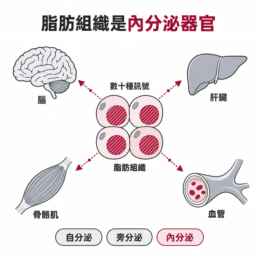 線稿插圖:中央四個脂肪細胞的脂滴以暖磚色排線標示,虛線訊號分別連向腦、肝臟、骨骼肌與血管
