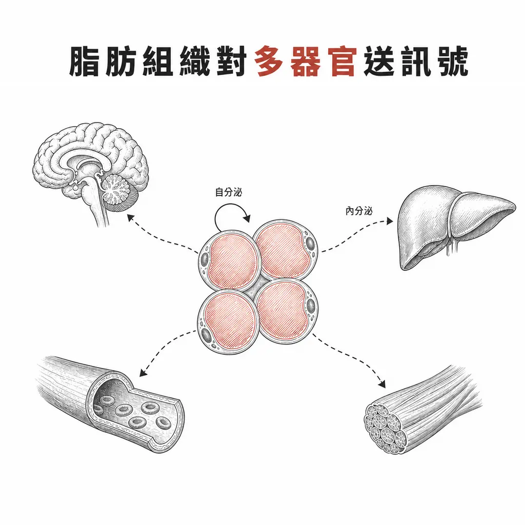 線稿插圖：中央四個脂肪細胞的脂滴以暖磚色排線標示，虛線訊號分別連向腦、肝臟、骨骼肌與血管