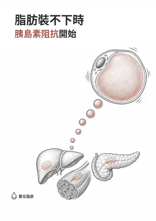 直式線稿封面：被撐大的脂肪細胞位於右上，脂滴沿對角線落向下方的肝臟、骨骼肌與胰臟