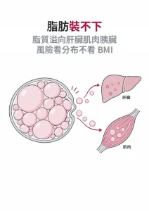 直式線稿封面：被撐大的脂肪細胞位於右上，脂滴沿對角線落向下方的肝臟、骨骼肌與胰臟
