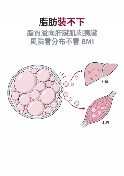 直式線稿封面：被撐大的脂肪細胞位於右上，脂滴沿對角線落向下方的肝臟、骨骼肌與胰臟