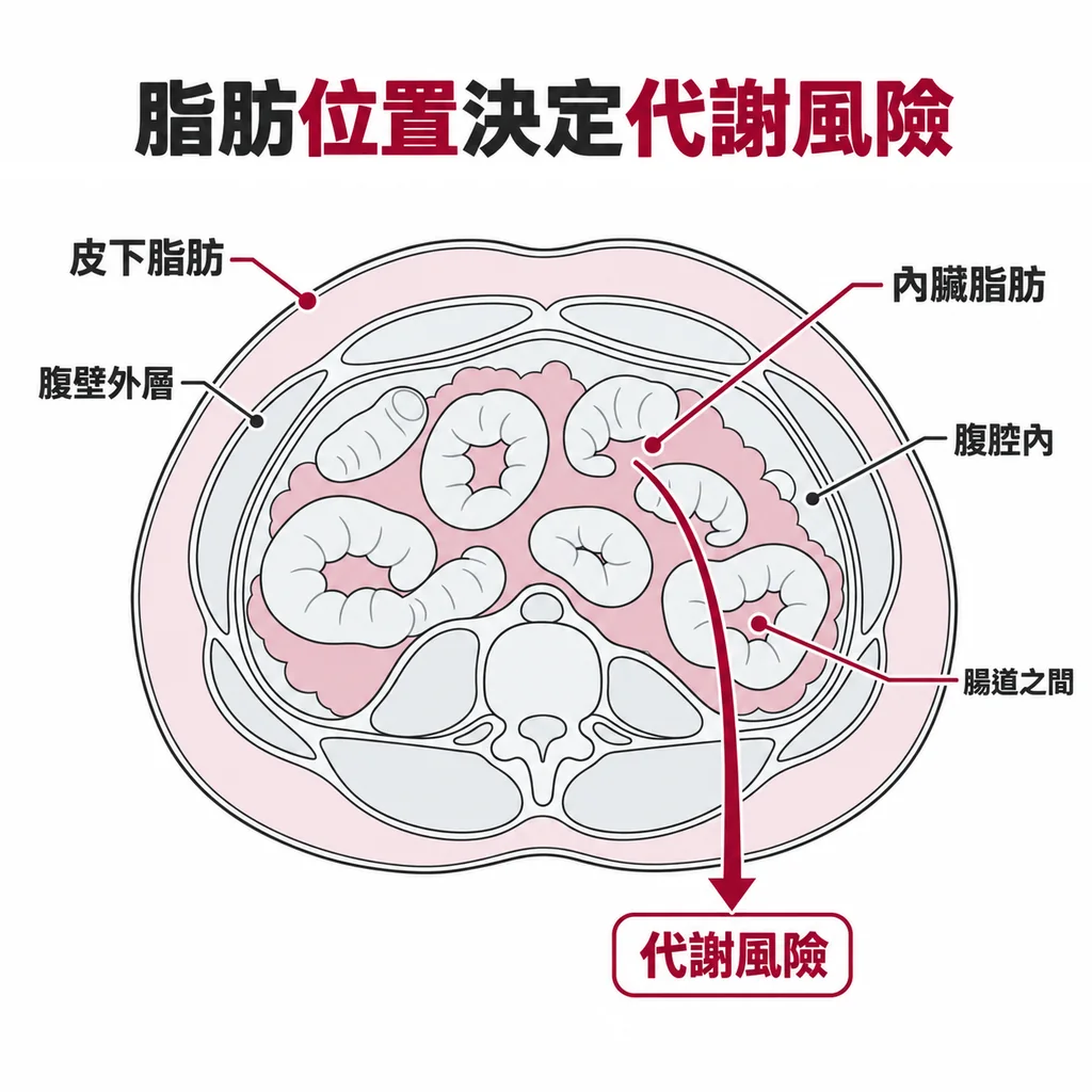腹部橫斷面線稿:皮下脂肪位於腹壁外層,內臟脂肪位於腹腔內、腸道之間